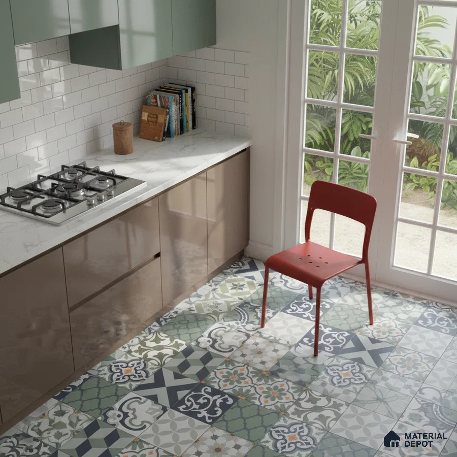 Modern kitchen with sage green and taupe laminate cabinets, white marble countertop, and patterned moroccan floor tiles in Bengaluru
