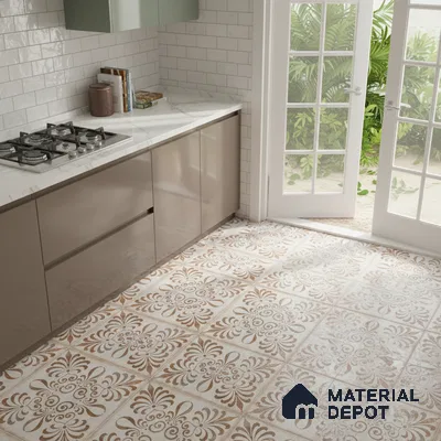 Modern kitchen with sage green and taupe laminate, white marble countertop, and beige patterned floor tiles in Bengaluru
