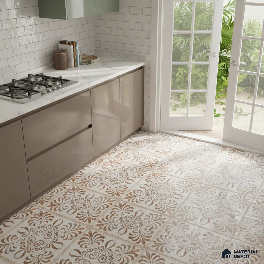 Modern kitchen with sage green and taupe laminate, white marble countertop, and beige patterned floor tiles in Bengaluru