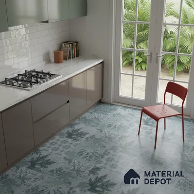 Modern kitchen with sage green and taupe laminate, white marble countertop, and botanical patterned floor tiles in Bengaluru