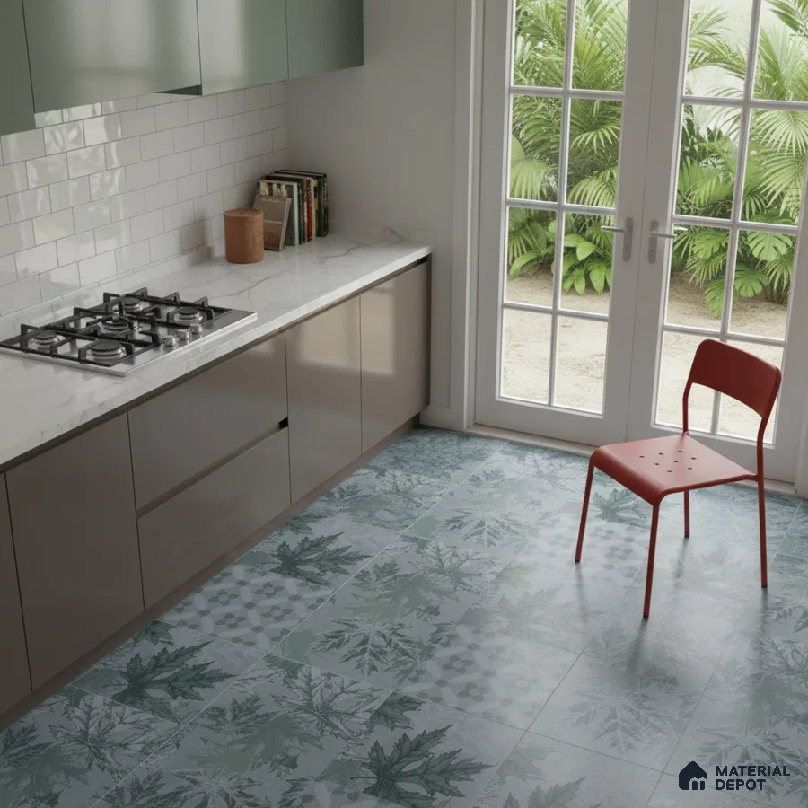 Modern kitchen with sage green and taupe laminate, white marble countertop, and botanical patterned floor tiles in Bengaluru