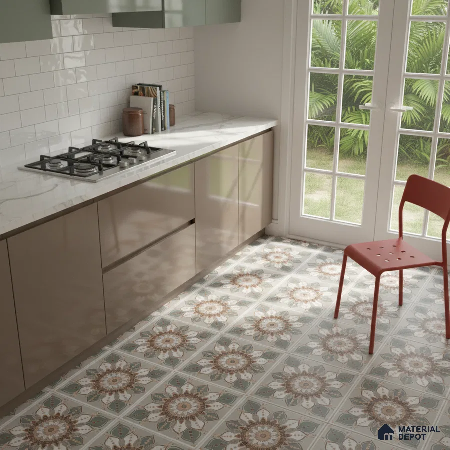 Modern kitchen with sage green and taupe laminate, white marble countertop, and floral patterned floor tiles in Bengaluru