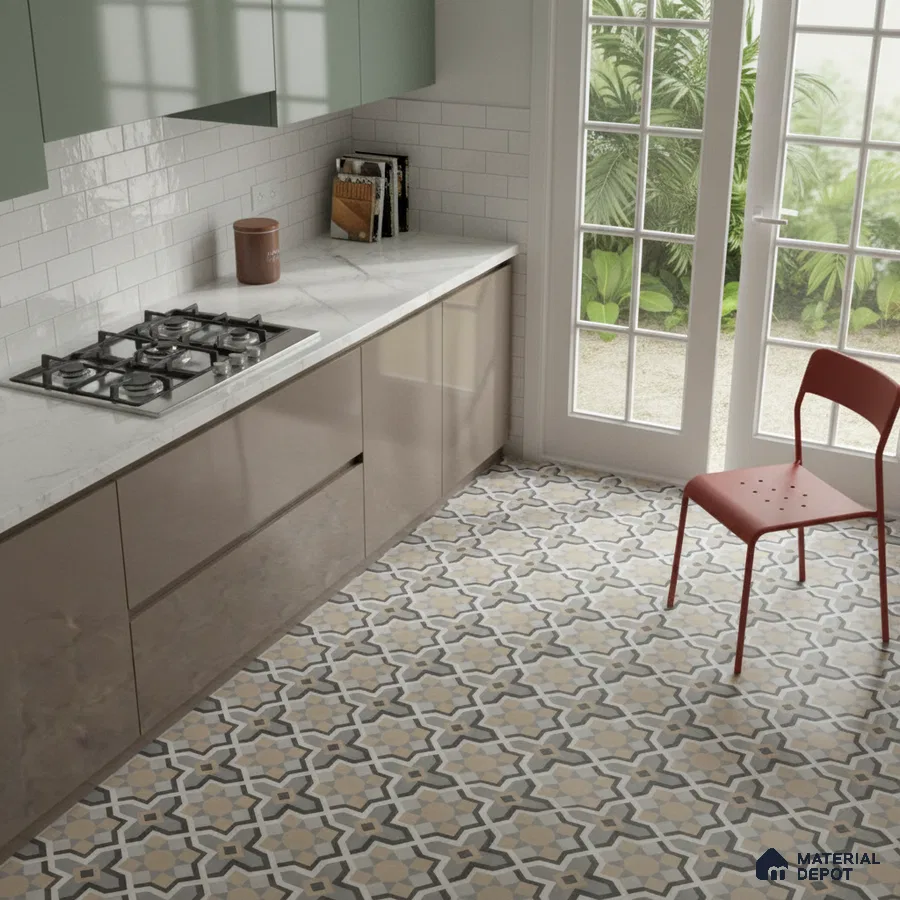 Modern kitchen with sage green and taupe laminate, white marble countertop, and geometric patterned floor tiles in Bengaluru