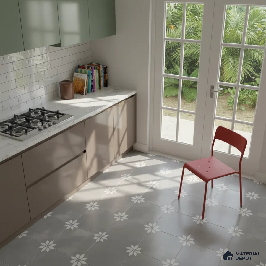 Modern kitchen with sage green and taupe laminate, white marble countertop, and grey floral patterned floor tiles in Bengaluru