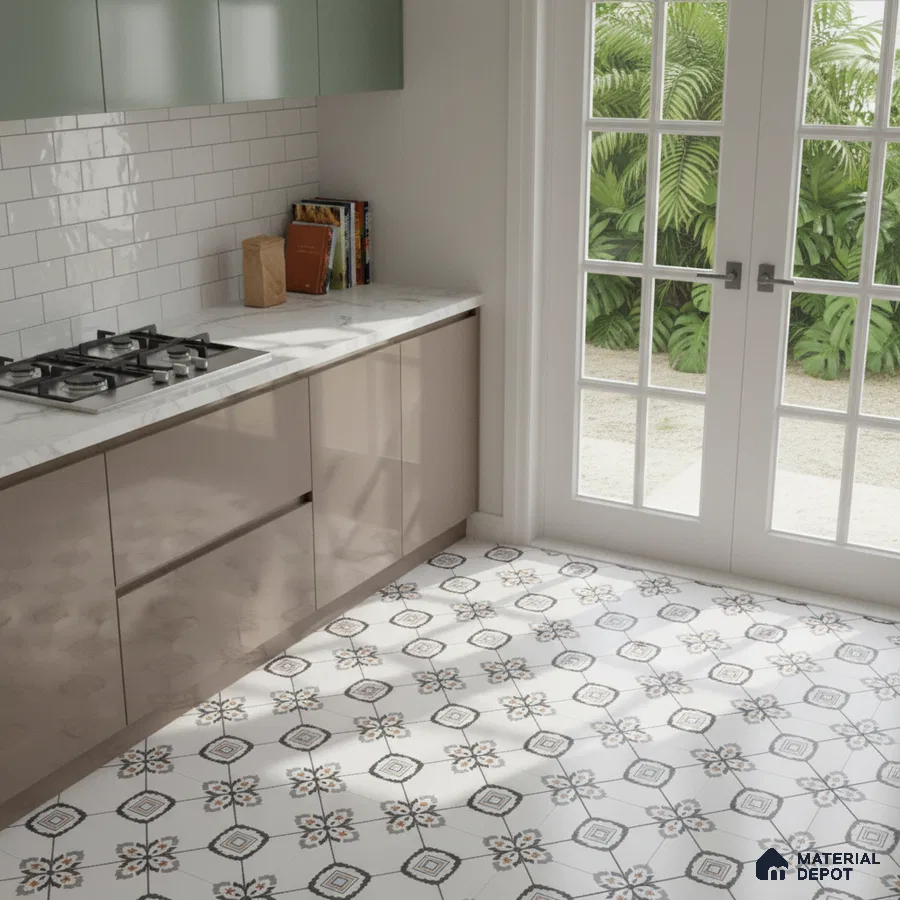 Modern kitchen with sage green and taupe laminate, white marble countertop, and patterned geometric floor tiles in Bengaluru