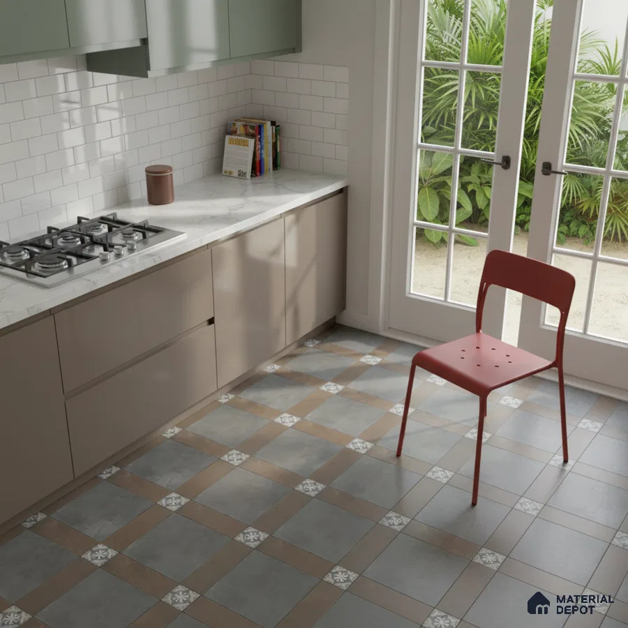 Modern kitchen with sage green and taupe laminate, white marble countertop, and patterned grey-brown floor tiles in Bengaluru