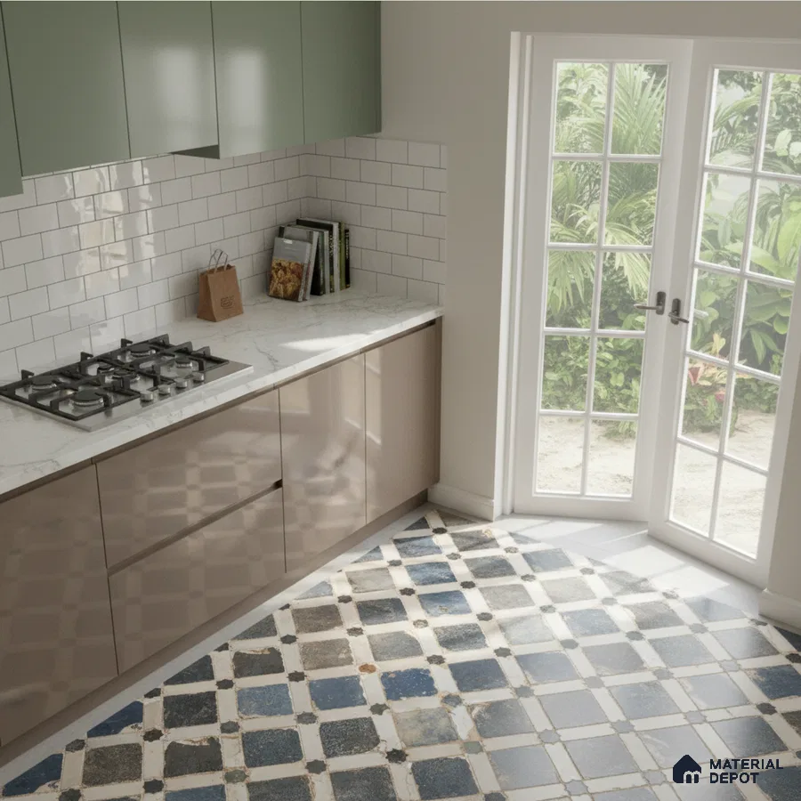 Modern kitchen with sage green and taupe laminate, white marble countertop, subway backsplash, and blue patterned floor tiles in Bengaluru