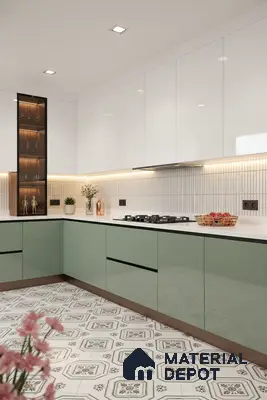 Modern kitchen with sage green and white high gloss laminate, white quartz countertop, and patterned floor tiles in Bengaluru