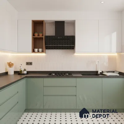 Modern kitchen with sage green and white laminate, black quartz countertop, and geometric patterned floor tile in Bengaluru