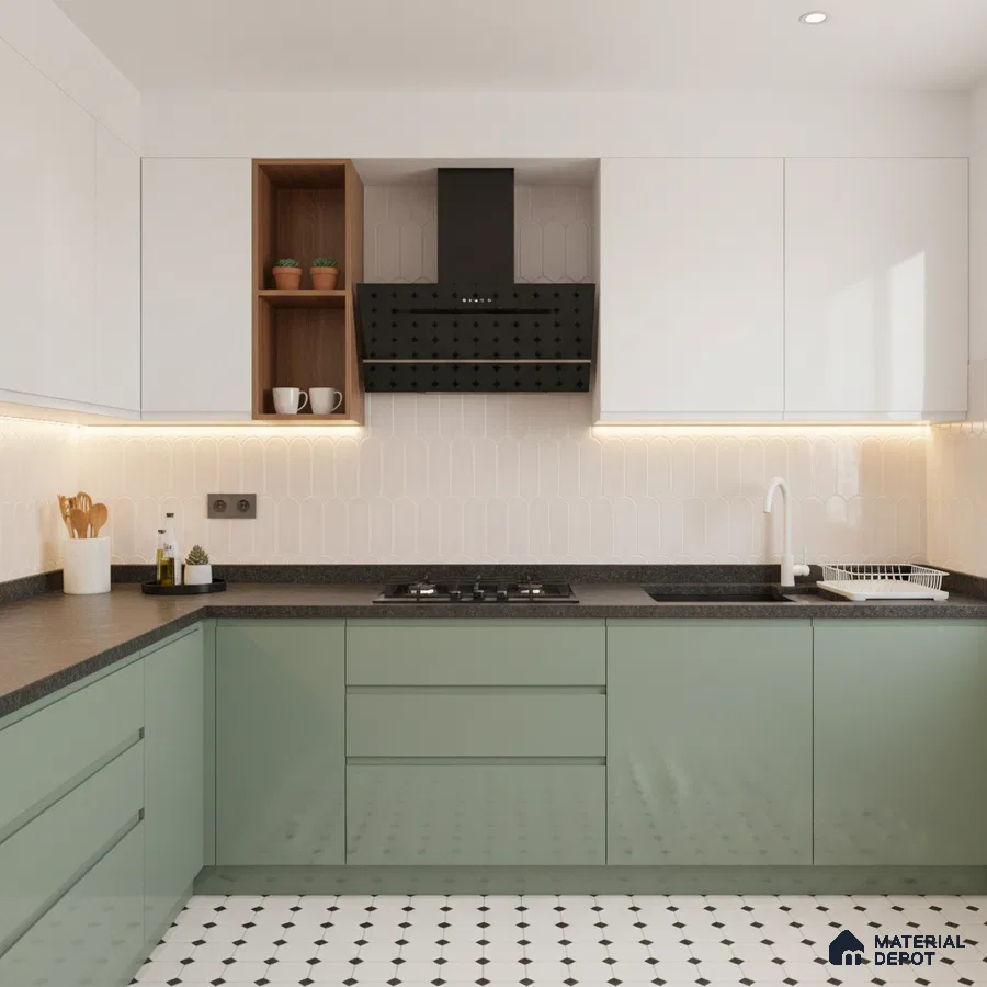 Modern kitchen with sage green and white laminate, black quartz countertop, and geometric patterned floor tile in Bengaluru