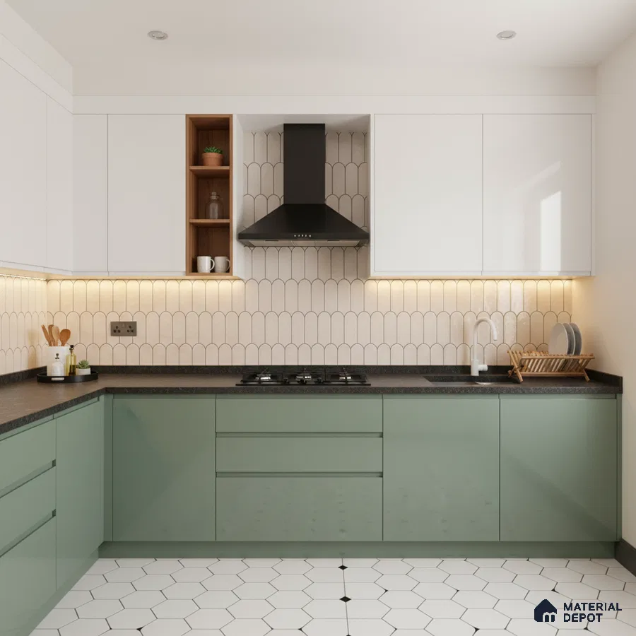 Modern kitchen with sage green and white laminate, black quartz countertop, and scallop backsplash tile in Bengaluru