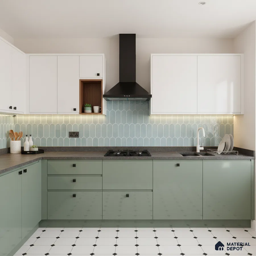 Modern kitchen with sage green and white laminate, blue scallop backsplash tile, and geometric white floor tile in Bengaluru