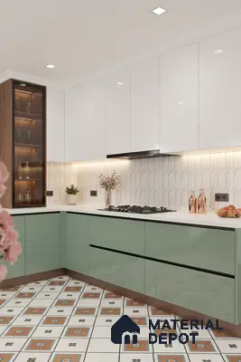 Modern kitchen with sage green and white laminate, geometric backsplash tile, and patterned floor tile in Bengaluru