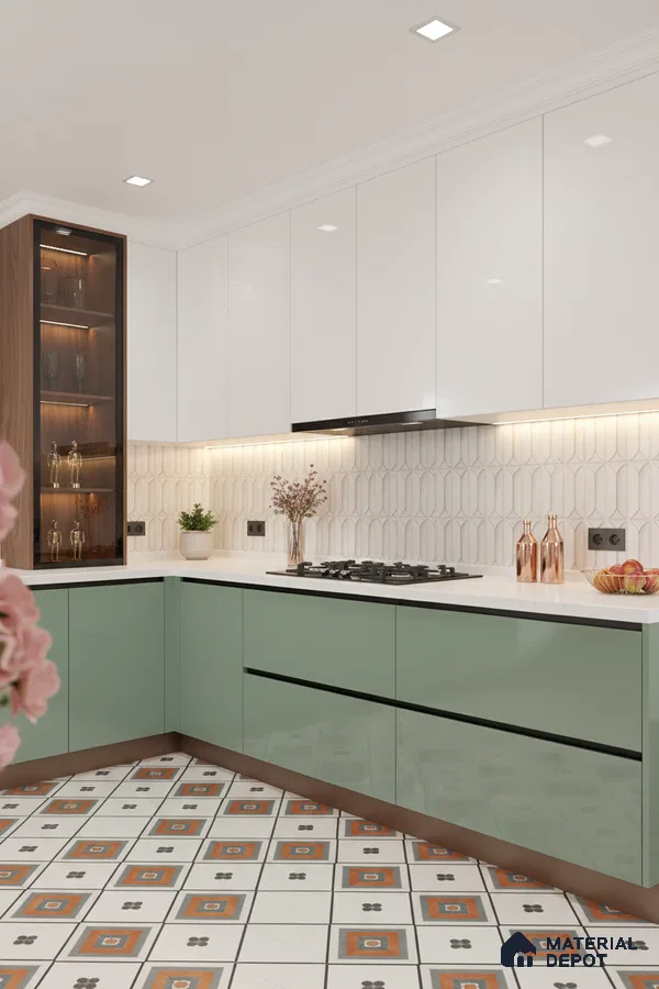 Modern kitchen with sage green and white laminate, geometric backsplash tile, and patterned floor tile in Bengaluru