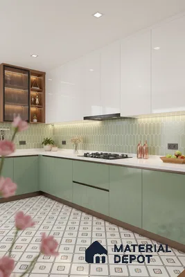 Modern kitchen with sage green and white laminate, geometric backsplash tile, and patterned floor tile in Bengaluru