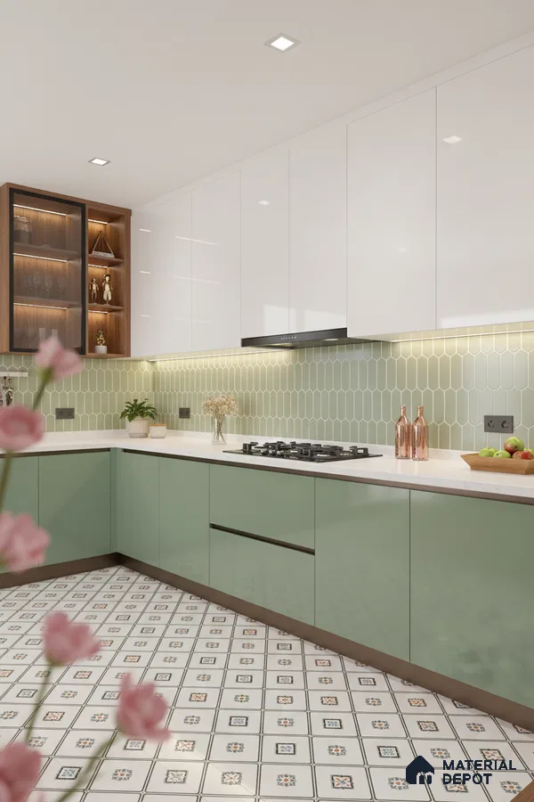 Modern kitchen with sage green and white laminate, geometric backsplash tile, and patterned floor tile in Bengaluru