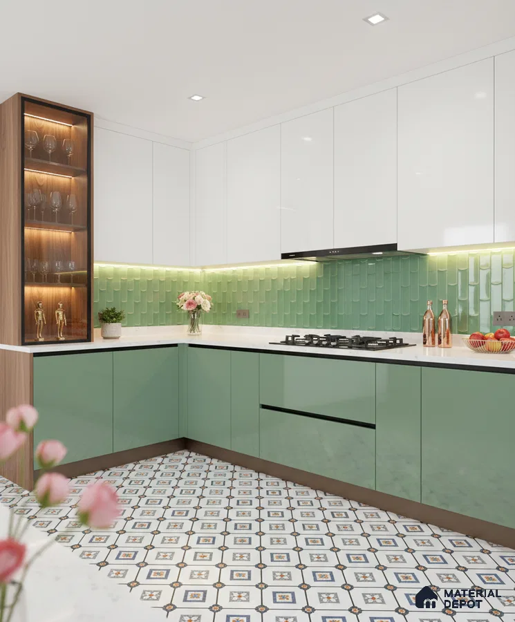 Modern kitchen with sage green and white laminate, green kitkat backsplash tile, and patterned floor tile in Bengaluru