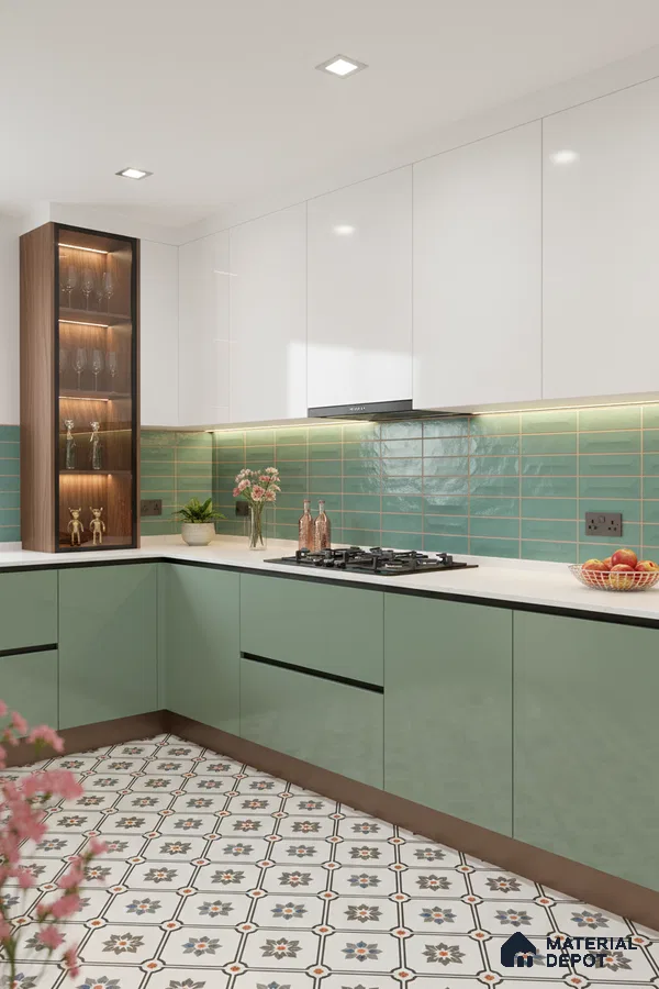 Modern kitchen with sage green and white laminate, green subway backsplash tile, and patterned floor tile in Bengaluru
