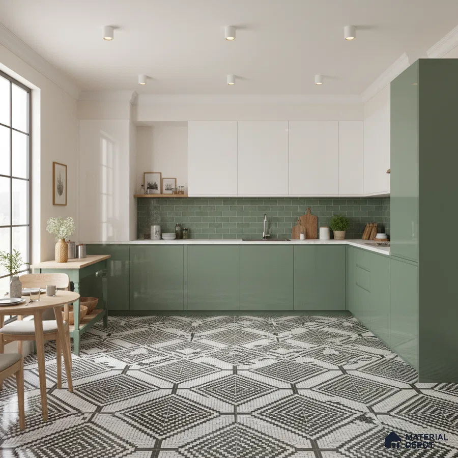 Modern kitchen with sage green and white laminate, green subway tile backsplash, geometric black-and-white floor tiles in Bengaluru
