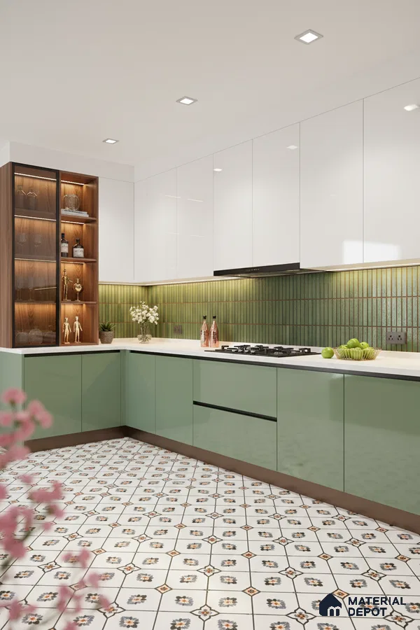 Modern kitchen with sage green and white laminate, kitkat green backsplash tile, and patterned floor tile in Bengaluru