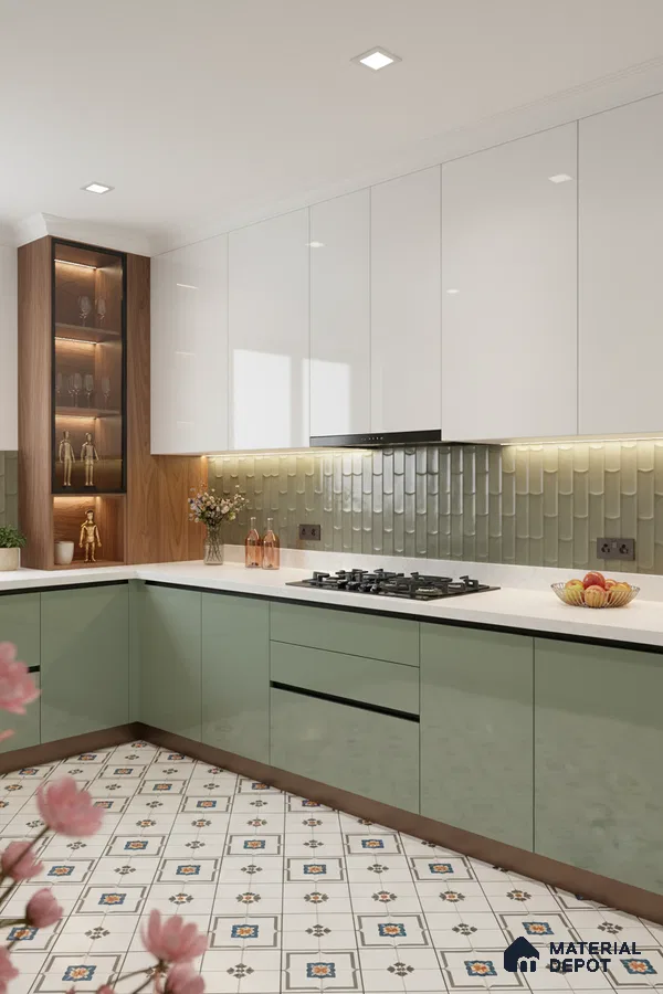 Modern kitchen with sage green and white laminate, olive green kitkat backsplash tile, patterned floor tile in Bengaluru