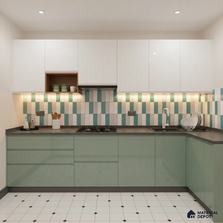 Modern kitchen with sage green and white laminate, striped backsplash tiles, and white patterned floor tiles in Bengaluru