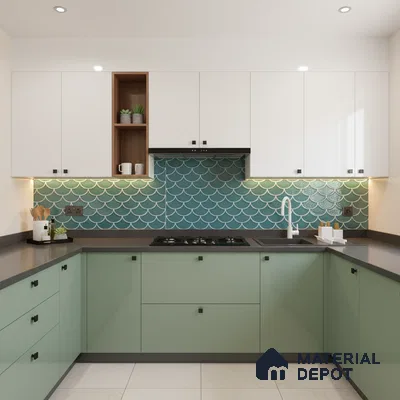Modern kitchen with sage green and white laminate, teal fishscale backsplash tile, and quartz countertop in Bengaluru