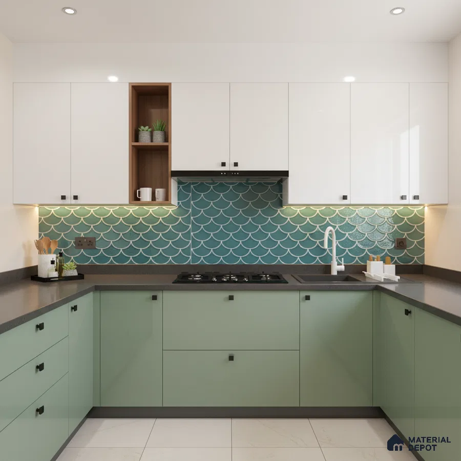 Modern kitchen with sage green and white laminate, teal fishscale backsplash tile, and quartz countertop in Bengaluru