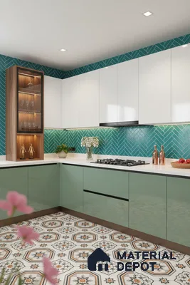 Modern kitchen with sage green and white laminate, teal herringbone subway backsplash tile, and patterned moroccan floor tile in Bengaluru