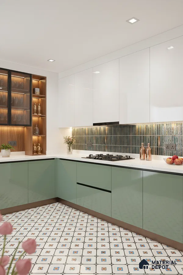 Modern kitchen with sage green and white laminate, vertical green kitkat backsplash tile, patterned floor tile in Bengaluru
