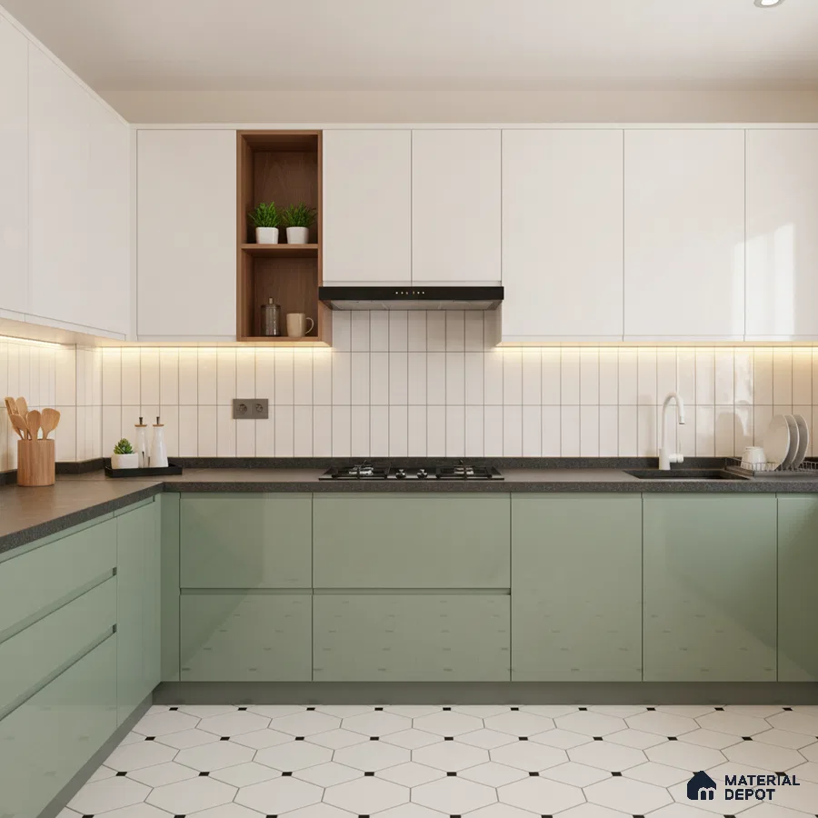 Modern kitchen with sage green and white laminate, vertical subway backsplash tile, and hexagonal floor tile in Bengaluru