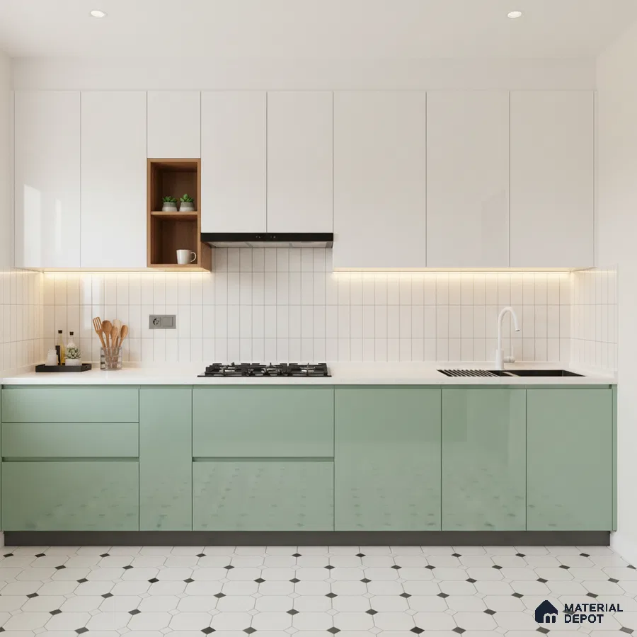 Modern kitchen with sage green and white laminate, white quartz countertop, and geometric floor tile in Bengaluru