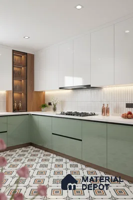 Modern kitchen with sage green and white laminate, white quartz countertop, and patterned floor tiles in Bengaluru