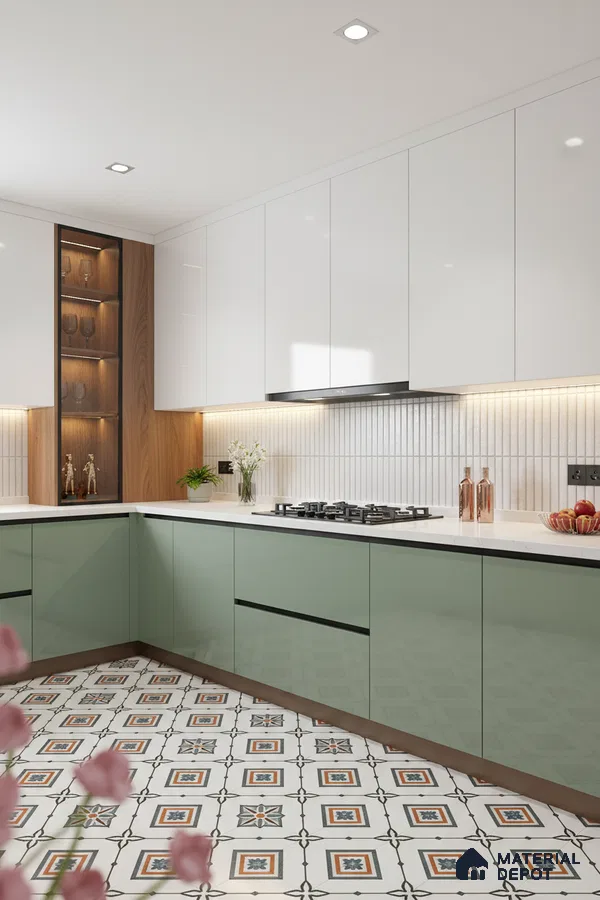 Modern kitchen with sage green and white laminate, white quartz countertop, and patterned floor tiles in Bengaluru