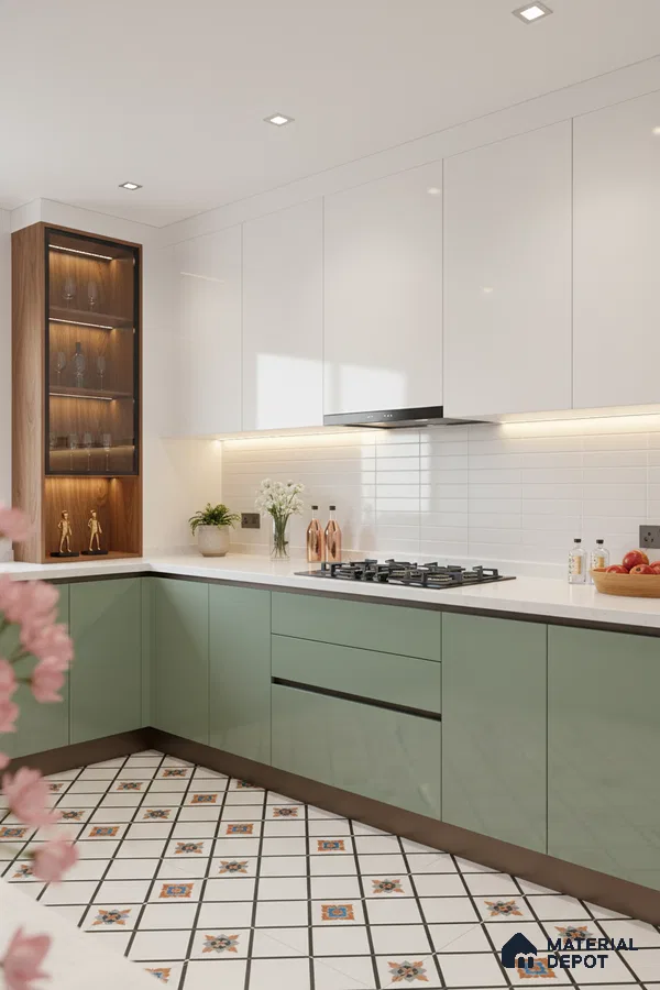 Modern kitchen with sage green and white laminate, white quartz countertop, and patterned moroccan floor tiles in Bengaluru