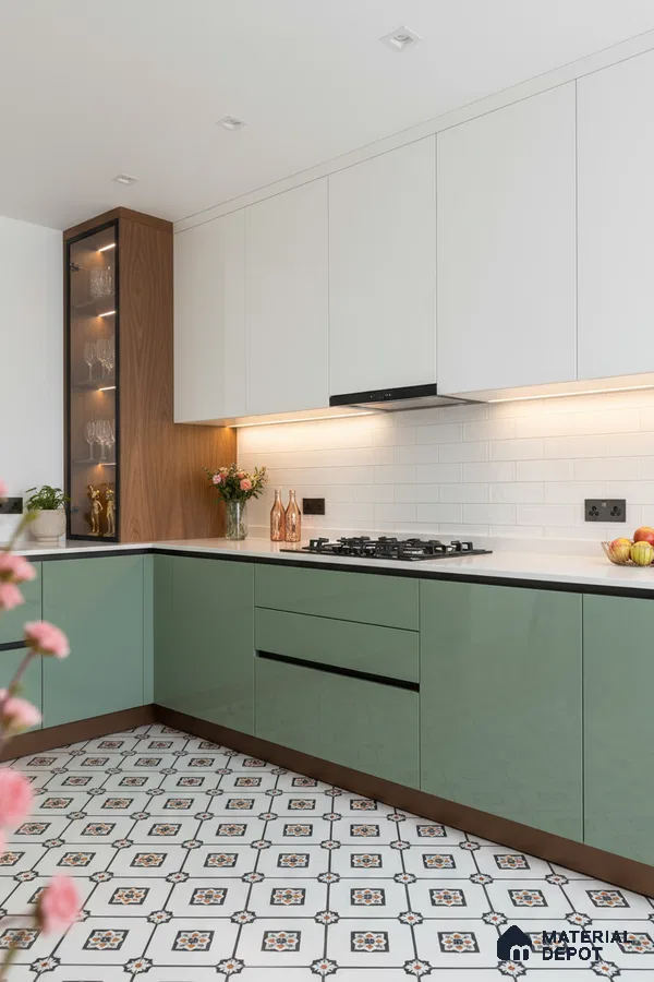 Modern kitchen with sage green and white laminate, white subway tile backsplash, and patterned floor tiles in Bengaluru