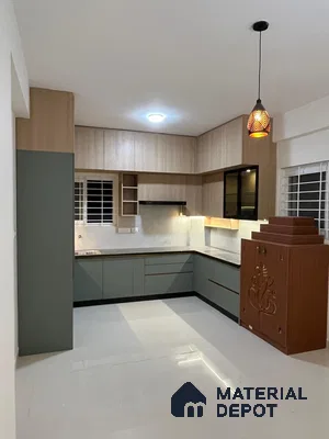 Modern Kitchen with Sage Green and Wooden Tone Matte Finish in Bengaluru | Material Depot