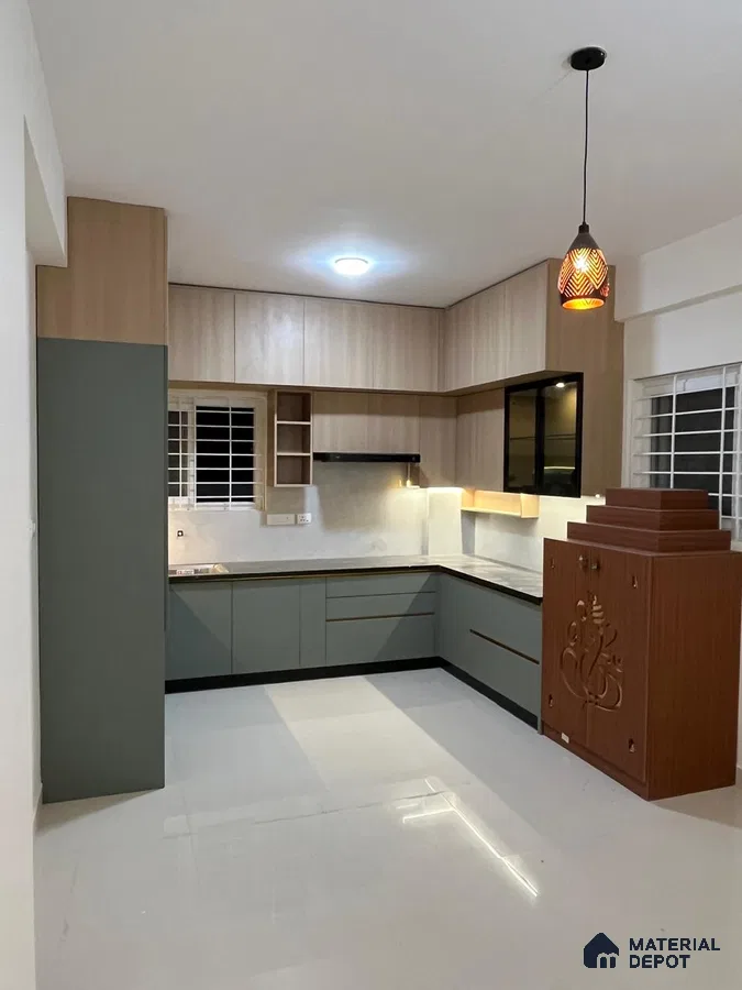 Modern Kitchen with Sage Green and Wooden Tone Matte Finish in Bengaluru | Material Depot