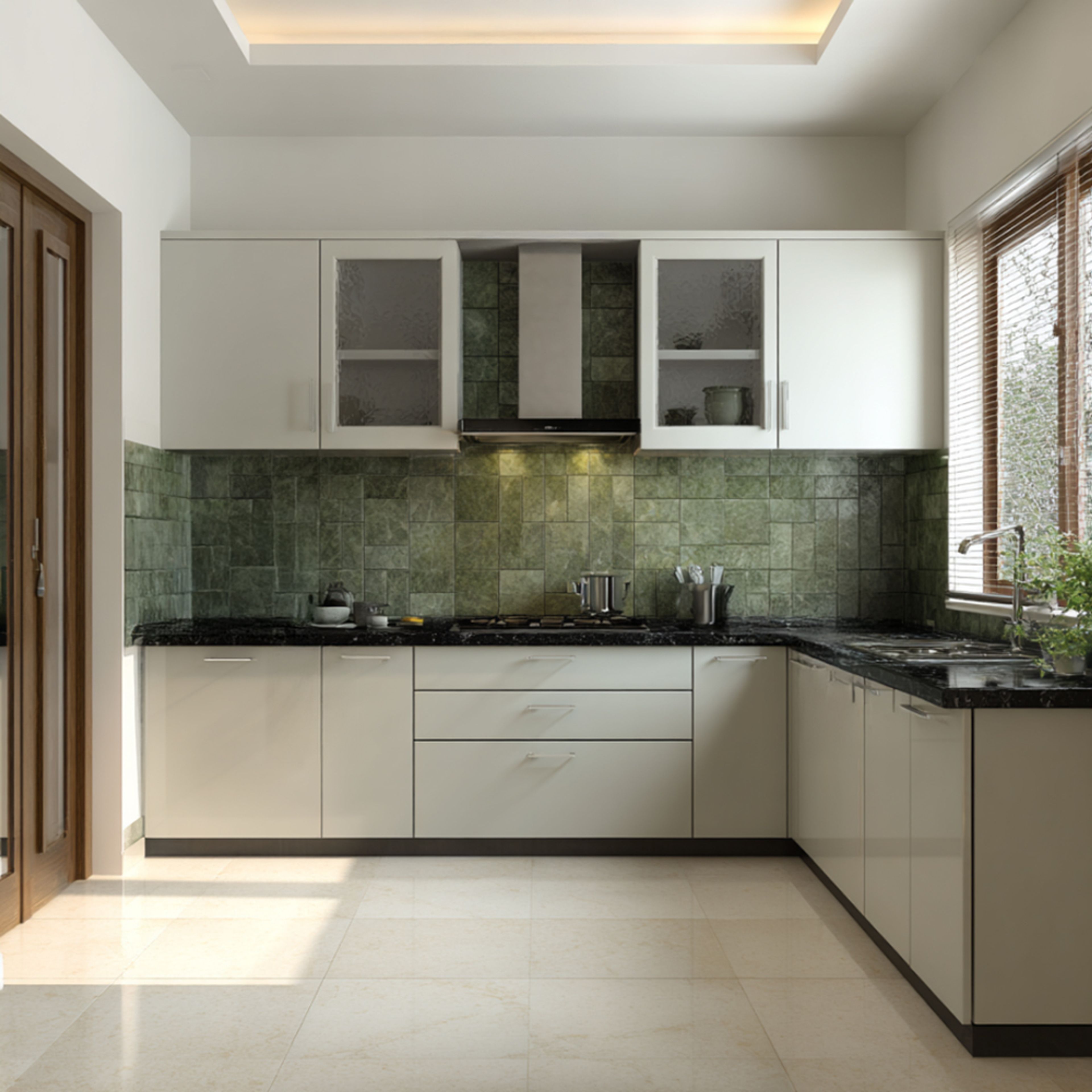 Modern kitchen with sage green backsplash tile, frosty white laminate cabinets, and black granite countertop in Bengaluru | Material Depot