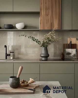 Modern Kitchen with Sage Green Cabinets and Natural Elements | Material Depot