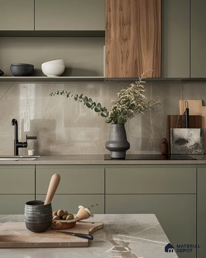 Modern Kitchen with Sage Green Cabinets and Natural Elements | Material Depot