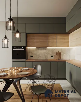 Modern Kitchen with Sage Green Cabinets and Wood Accents | Material Depot