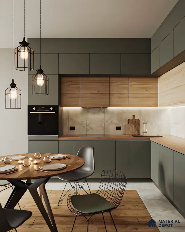 Modern Kitchen with Sage Green Cabinets and Wood Accents | Material Depot
