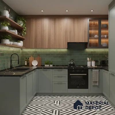 Modern kitchen with sage green cabinets, walnut laminate, green subway backsplash tile, and geometric black-and-white floor tile in Bengaluru