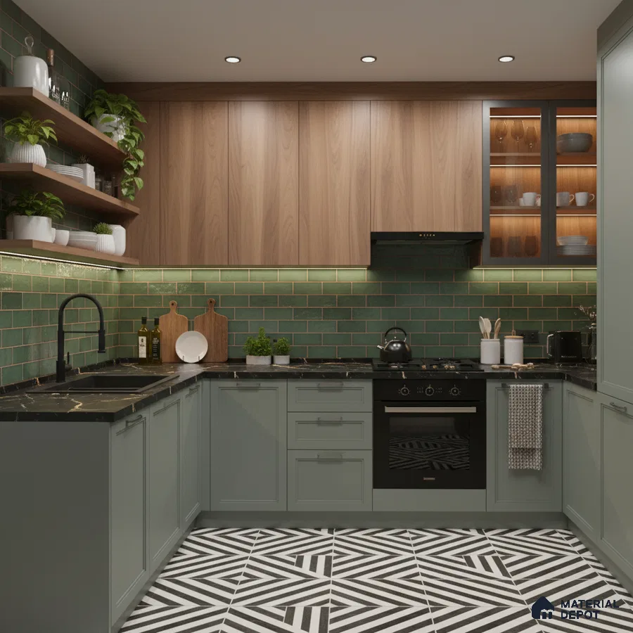 Modern kitchen with sage green cabinets, walnut laminate, green subway backsplash tile, and geometric black-and-white floor tile in Bengaluru