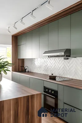 Modern Kitchen With Sage Green Cabinets, Wood Countertops, And Herringbone Backsplash | Material Depot