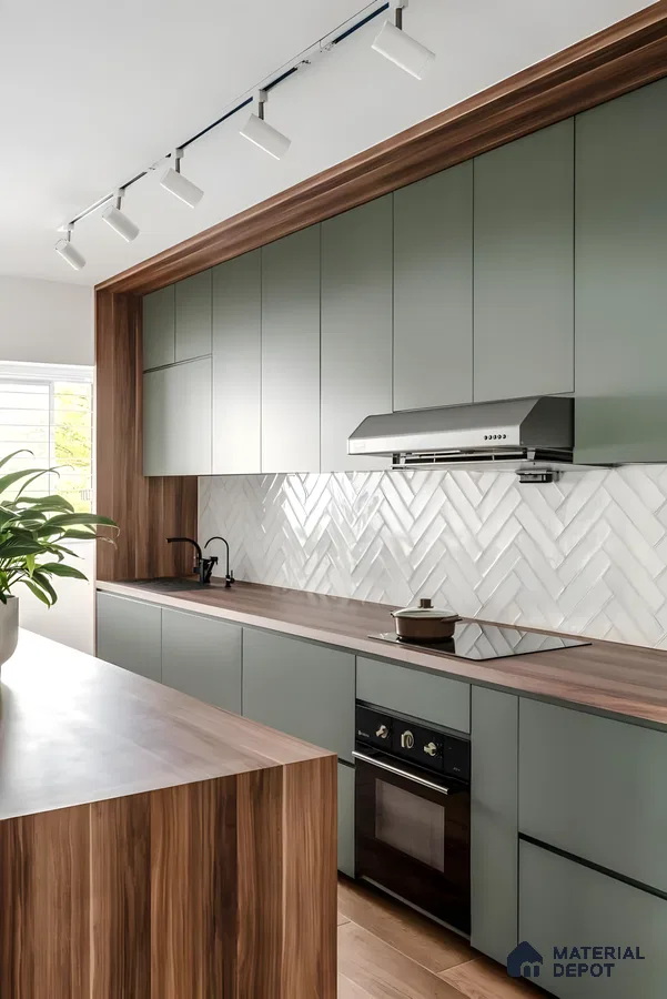 Modern Kitchen With Sage Green Cabinets, Wood Countertops, And Herringbone Backsplash | Material Depot