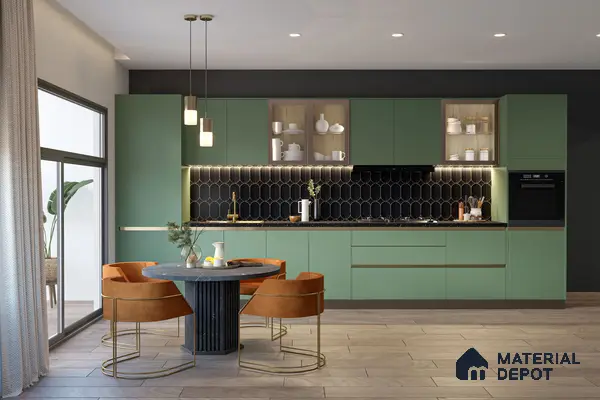 Modern kitchen with sage green fluted laminate cabinets, black geometric backsplash tile, and light wood floor tile in Bengaluru | Material Depot