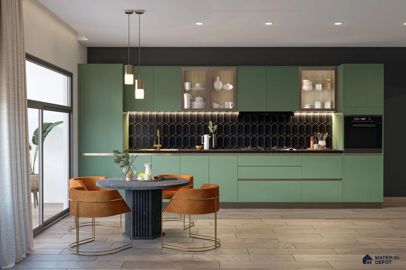 Modern kitchen with sage green fluted laminate cabinets, black geometric backsplash tile, and light wood floor tile in Bengaluru | Material Depot