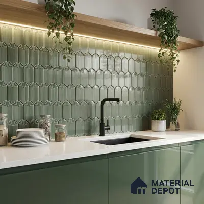 Modern kitchen with sage green geometric backsplash tile, white quartz countertop, and glossy green laminate cabinets